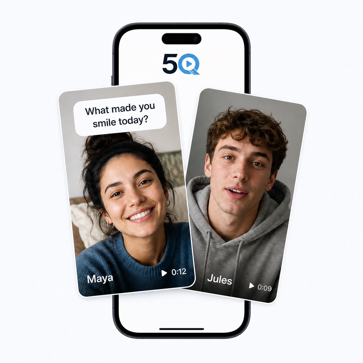 Two portrait video answers in 5Q, responding to the question What made you smile today?